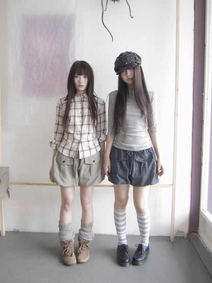 ang project Khaki Plaid Turn Down Collar Cinched Waist Women&