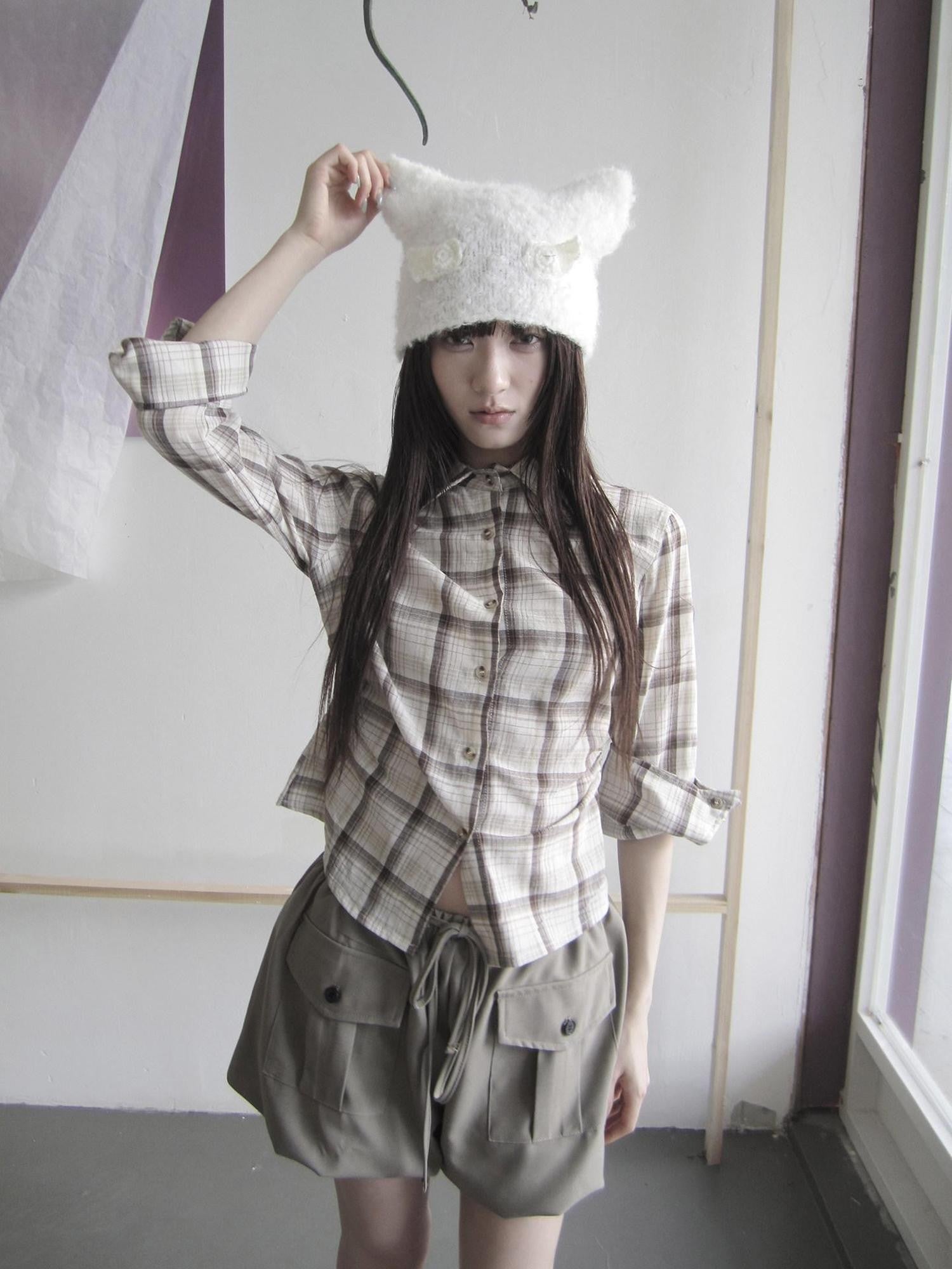 ang project Khaki Plaid Turn Down Collar Cinched Waist Women&