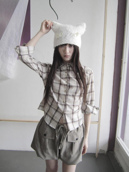 ang project Khaki Plaid Turn Down Collar Cinched Waist Women&