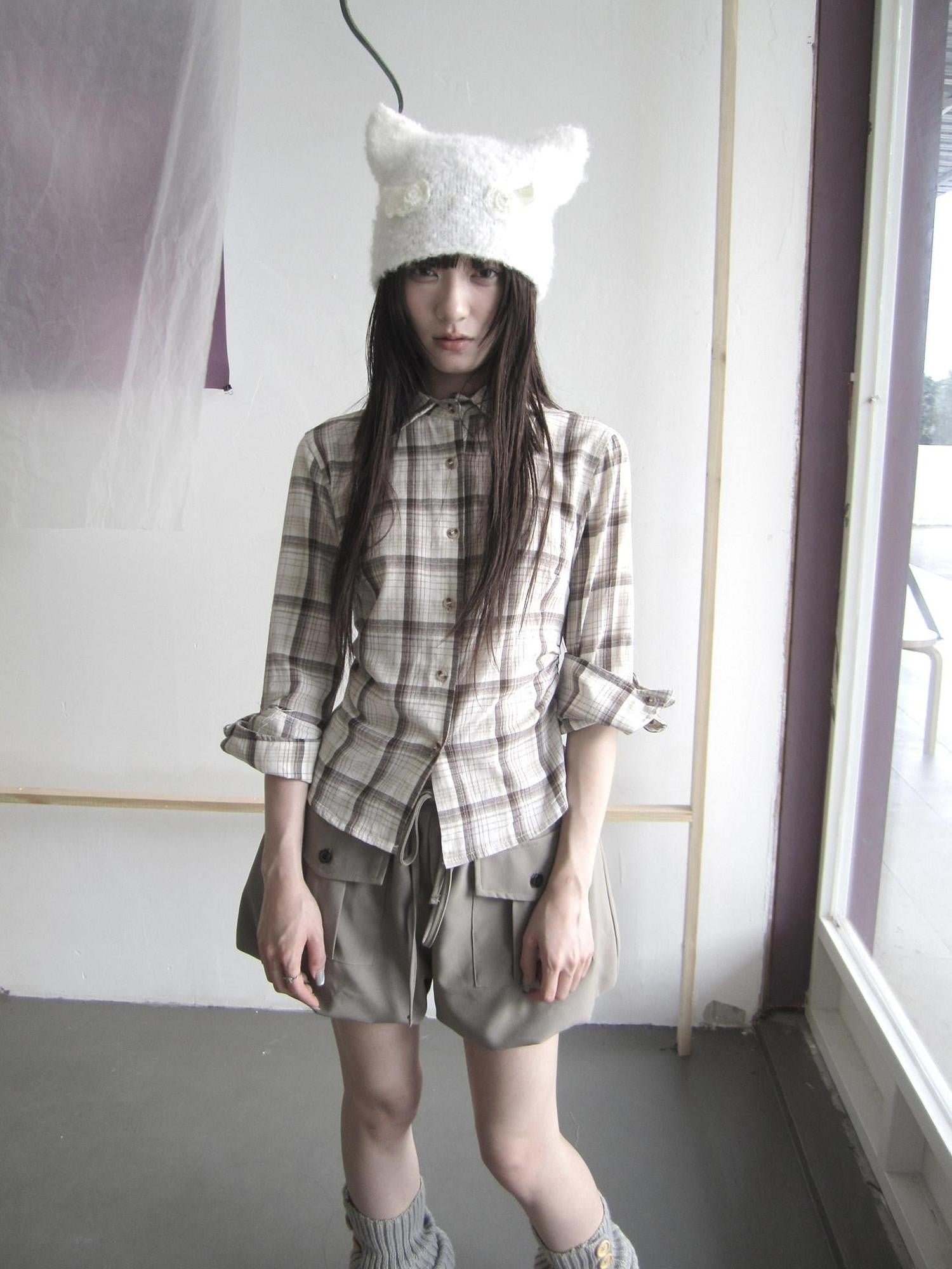ang project Khaki Plaid Turn Down Collar Cinched Waist Women&