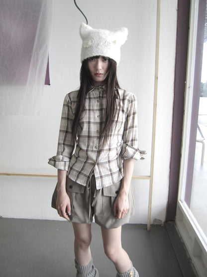 ang project Khaki Plaid Turn Down Collar Cinched Waist Women&