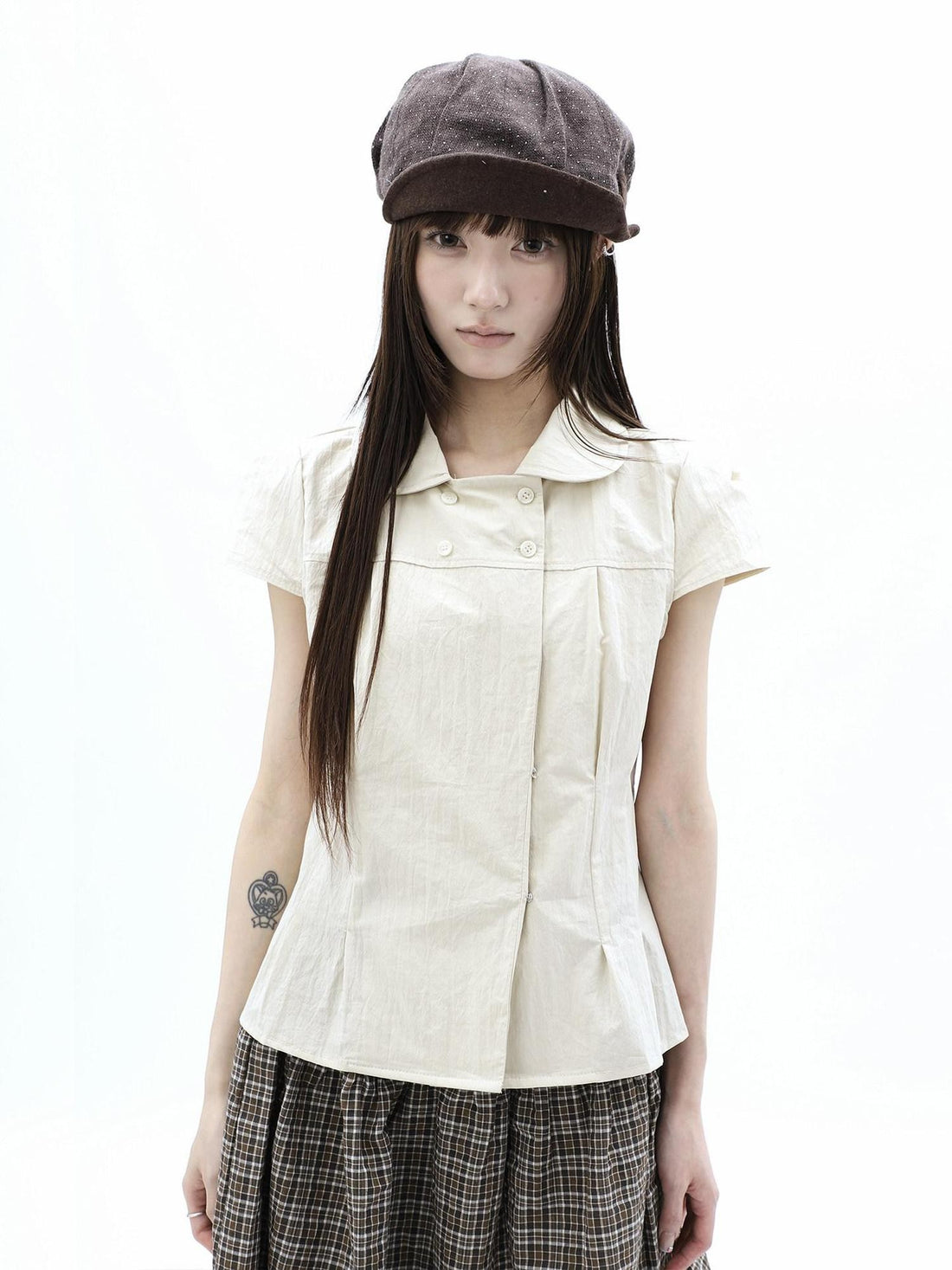 ang project Khaki Pleated Cinched Waist Double Breasted Collar Women&