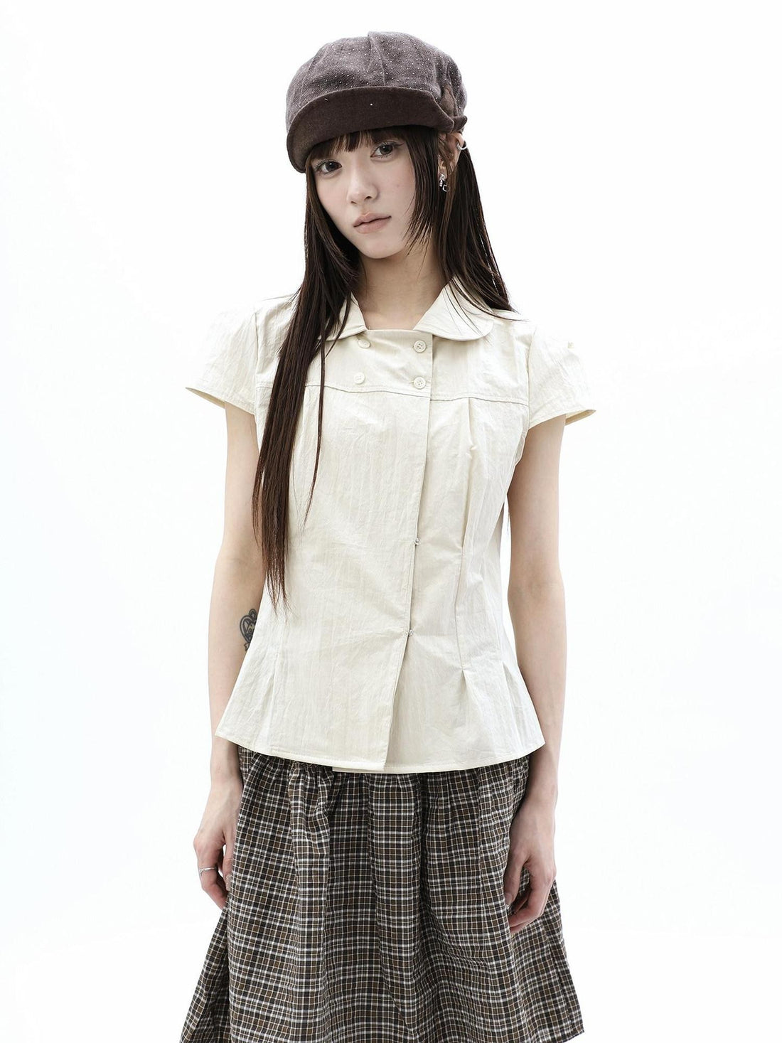 ang project Khaki Pleated Cinched Waist Double Breasted Collar Women&