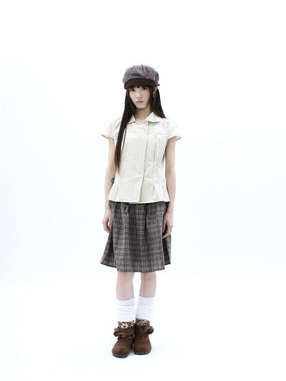 ang project Khaki Pleated Cinched Waist Double Breasted Collar Women&