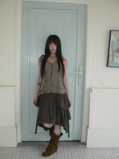 ang project Korean 3D Large Pocket Asymmetrical Hem Women&