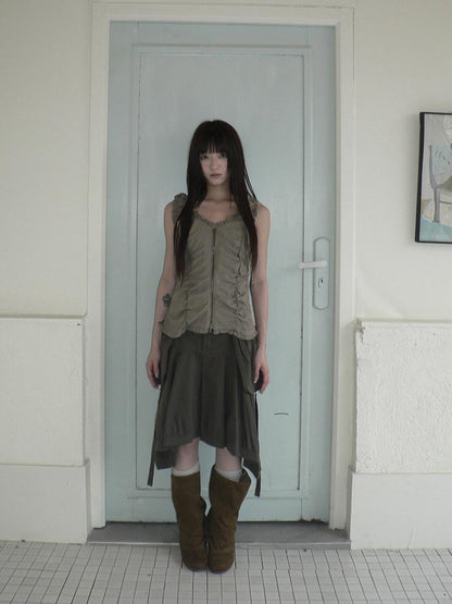 ang project Korean 3D Large Pocket Asymmetrical Hem Women&