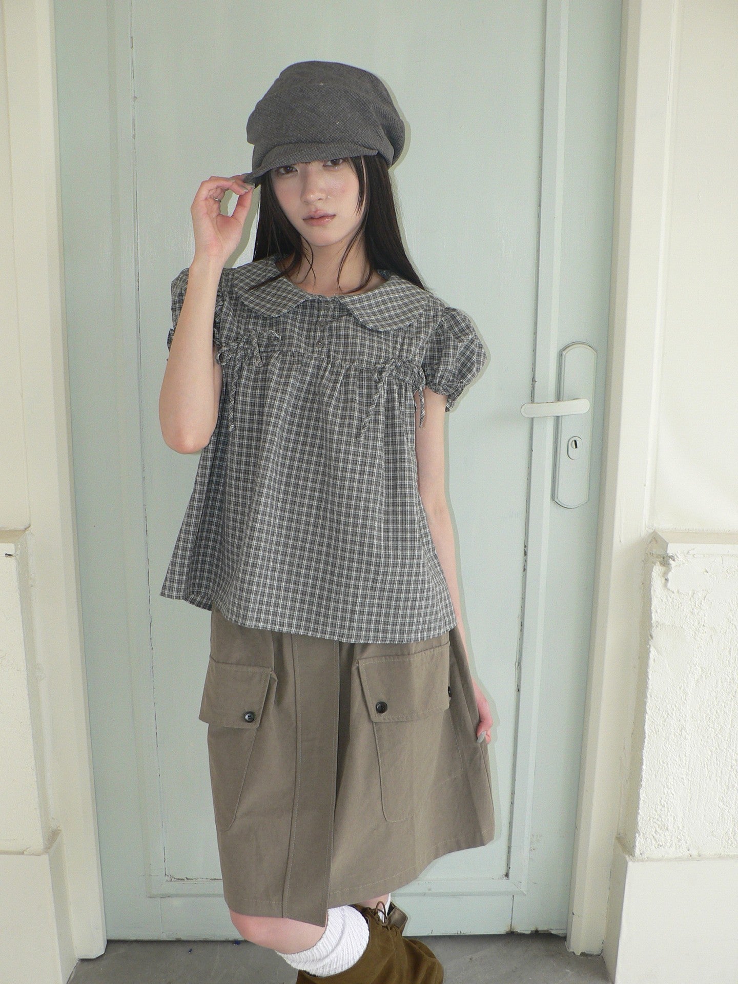 ang_project_Korean_Doll_Collar_Bow_Tie_Plaid_Puff_Sleeve_Buttons_Women&