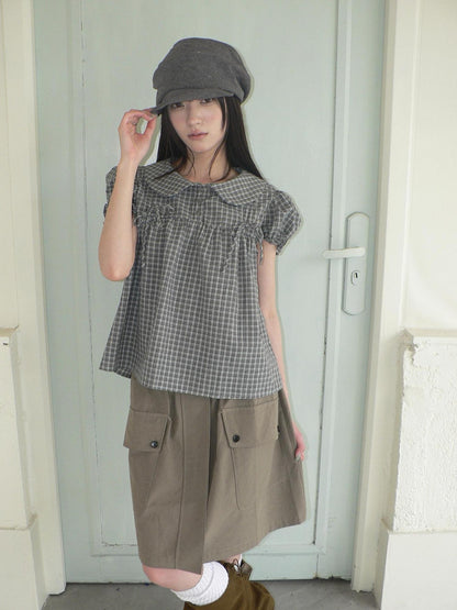 ang project Korean Doll Collar Bow Tie Plaid Puff Sleeve Buttons Women&