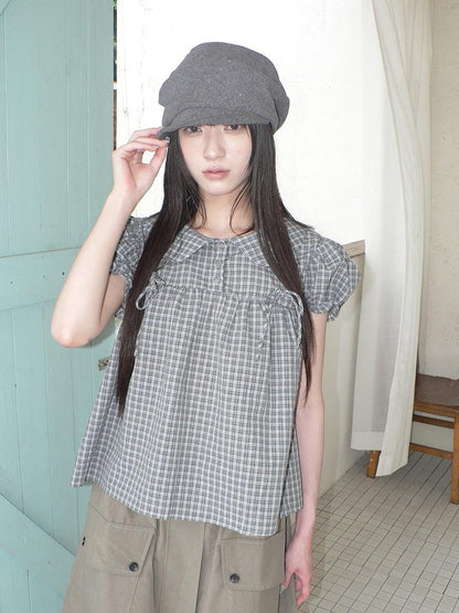 ang project Korean Doll Collar Bow Tie Plaid Puff Sleeve Buttons Women&