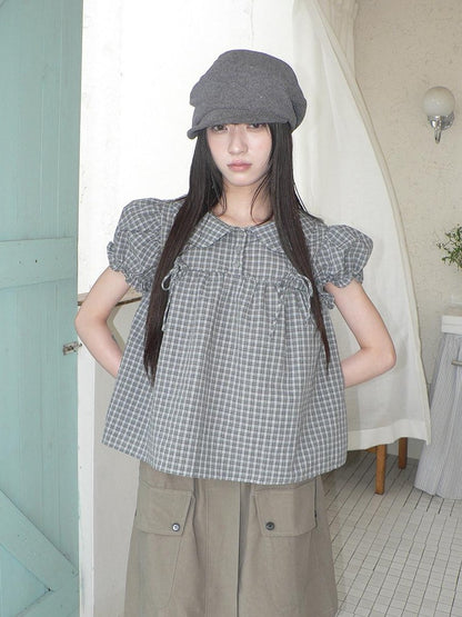 ang project Korean Doll Collar Bow Tie Plaid Puff Sleeve Buttons Women&