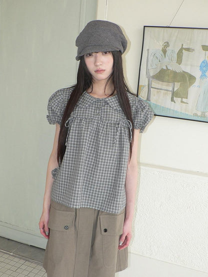 ang project Korean Doll Collar Bow Tie Plaid Puff Sleeve Buttons Women&