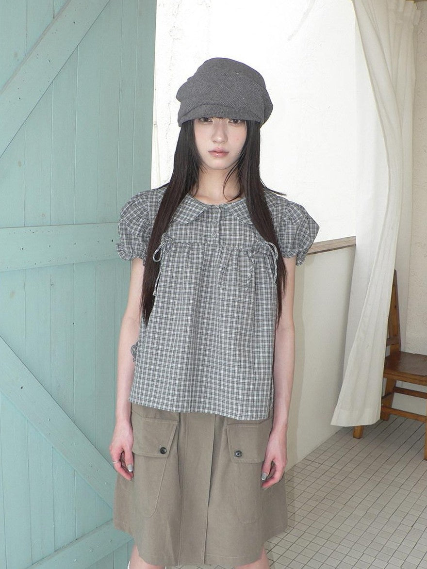 ang project Korean Doll Collar Bow Tie Plaid Puff Sleeve Buttons Women&