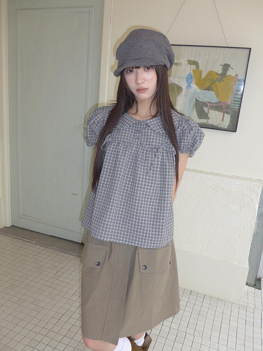 ang project Korean Doll Collar Bow Tie Plaid Puff Sleeve Buttons Women&