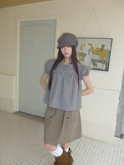 ang project Korean Doll Collar Bow Tie Plaid Puff Sleeve Buttons Women&