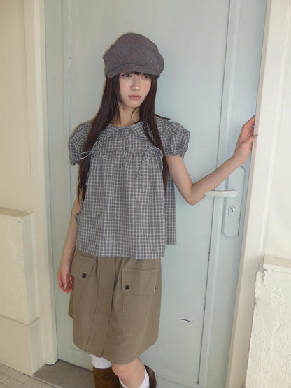 ang project Korean Doll Collar Bow Tie Plaid Puff Sleeve Buttons Women&