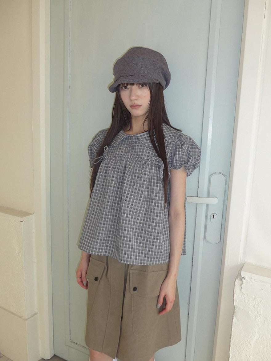 ang project Korean Doll Collar Bow Tie Plaid Puff Sleeve Buttons Women&