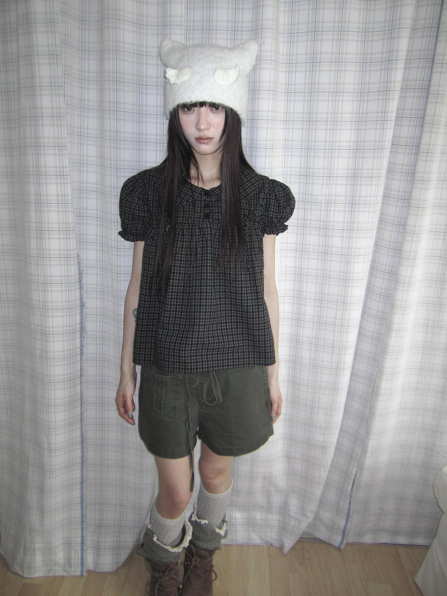 ang project Korean Doll Collar Bow Tie Plaid Puff Sleeve Buttons Women&