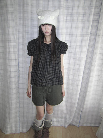 ang project Korean Doll Collar Bow Tie Plaid Puff Sleeve Buttons Women&