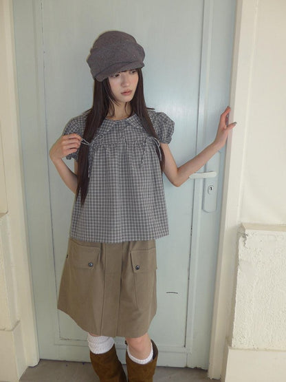 ang project Korean Doll Collar Bow Tie Plaid Puff Sleeve Buttons Women&