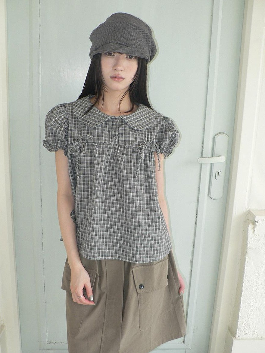 ang project Korean Doll Collar Bow Tie Plaid Puff Sleeve Buttons Women&