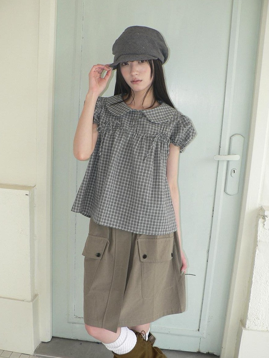 ang project Korean Doll Collar Bow Tie Plaid Puff Sleeve Buttons Women&