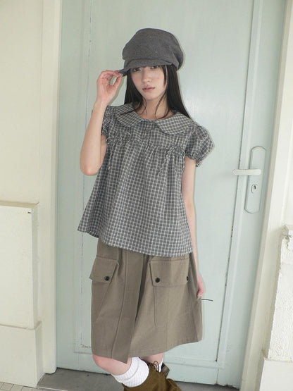 ang project Korean Doll Collar Bow Tie Plaid Puff Sleeve Buttons Women&