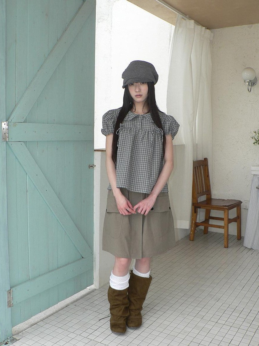 ang project Korean Doll Collar Bow Tie Plaid Puff Sleeve Buttons Women&