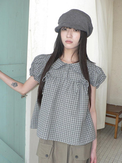 ang project Korean Doll Collar Bow Tie Plaid Puff Sleeve Buttons Women&