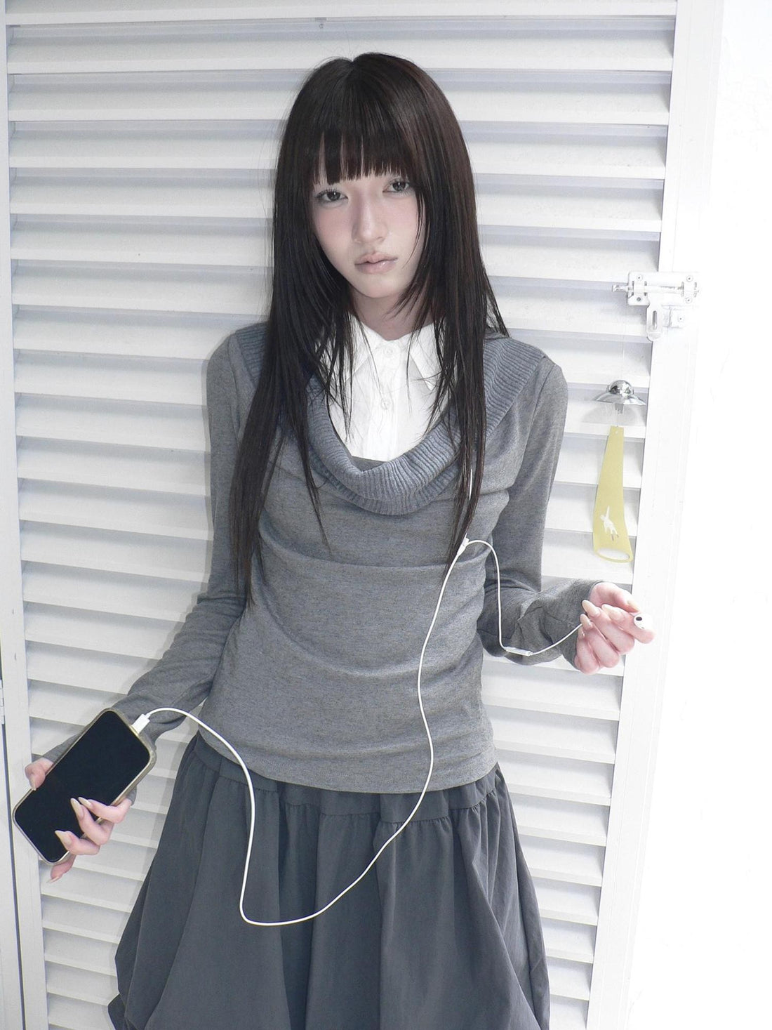 ang project Korean Faux Layered Draped Collar Button Long Sleeve Knit Women&