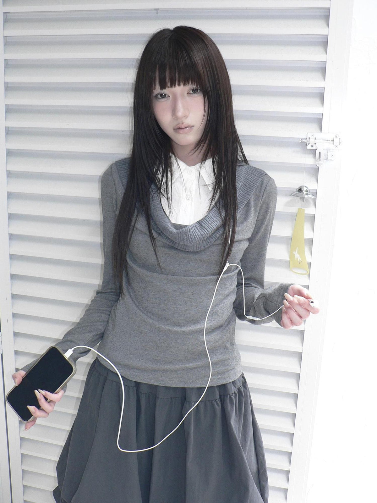 ang project Korean Faux Layered Draped Collar Button Long Sleeve Knit Women&