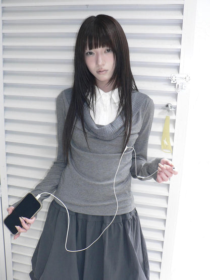 ang project Korean Faux Layered Draped Collar Button Long Sleeve Knit Women&