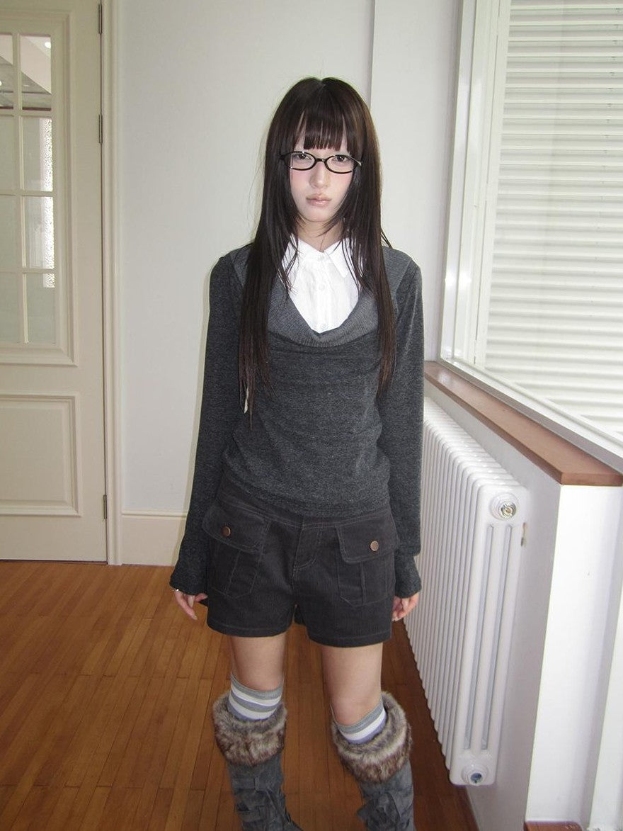 ang project Korean Faux Layered Draped Collar Button Long Sleeve Knit Women&