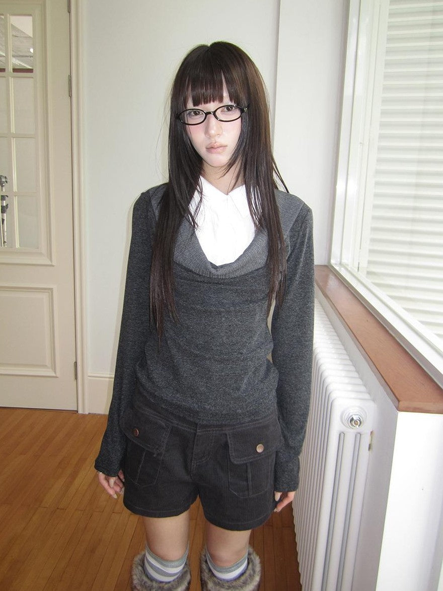ang project Korean Faux Layered Draped Collar Button Long Sleeve Knit Women&