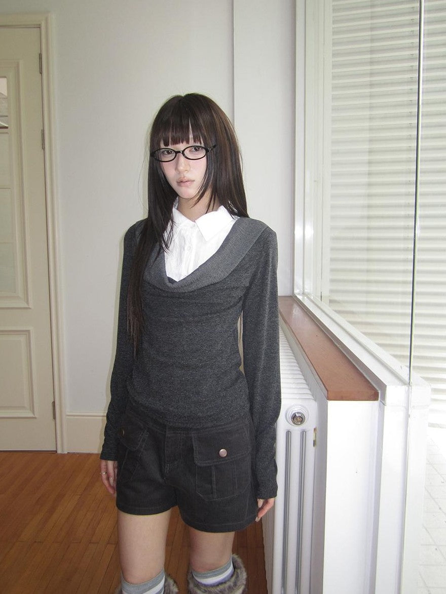 ang project Korean Faux Layered Draped Collar Button Long Sleeve Knit Women&