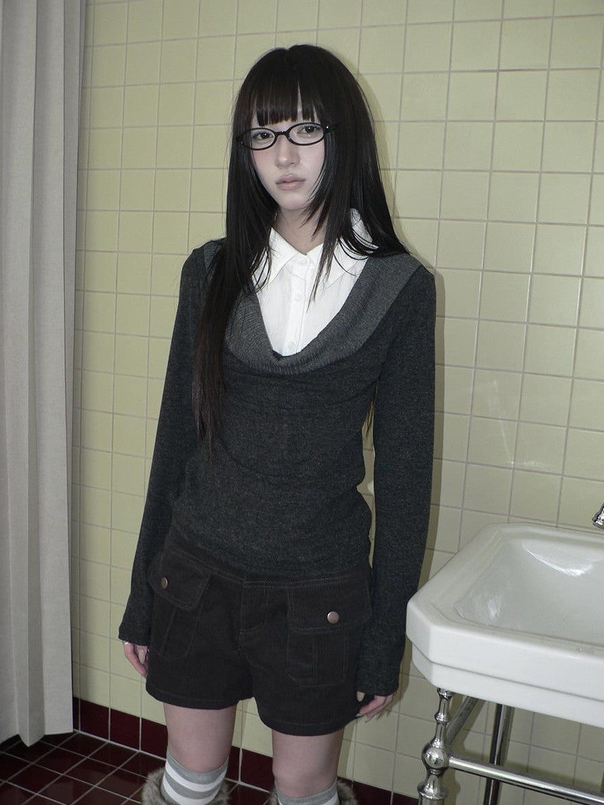 ang project Korean Faux Layered Draped Collar Button Long Sleeve Knit Women&