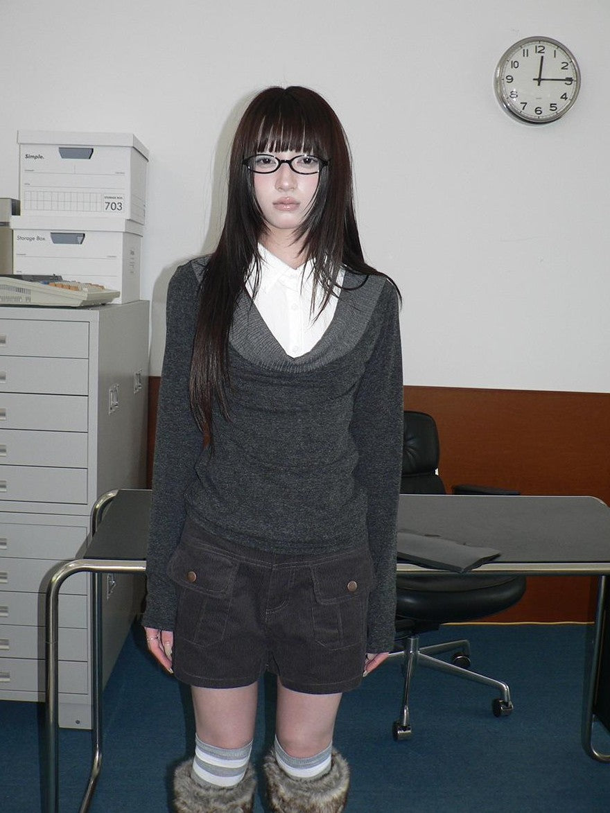 ang project Korean Faux Layered Draped Collar Button Long Sleeve Knit Women&