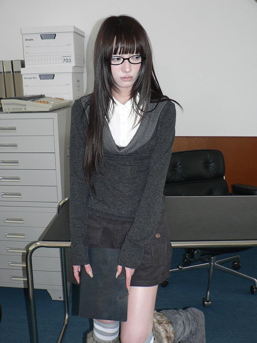ang project Korean Faux Layered Draped Collar Button Long Sleeve Knit Women&