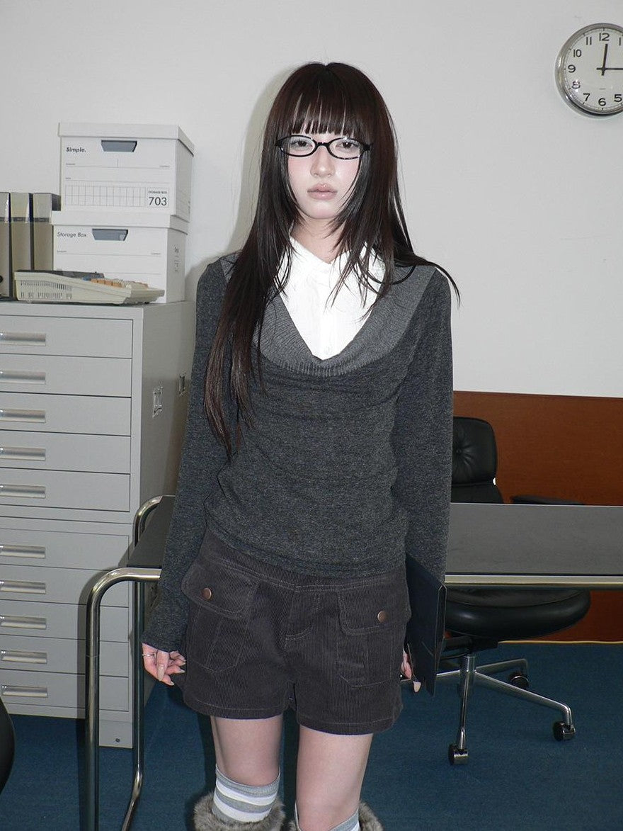 ang project Korean Faux Layered Draped Collar Button Long Sleeve Knit Women&