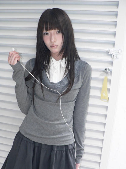 ang project Korean Faux Layered Draped Collar Button Long Sleeve Knit Women&