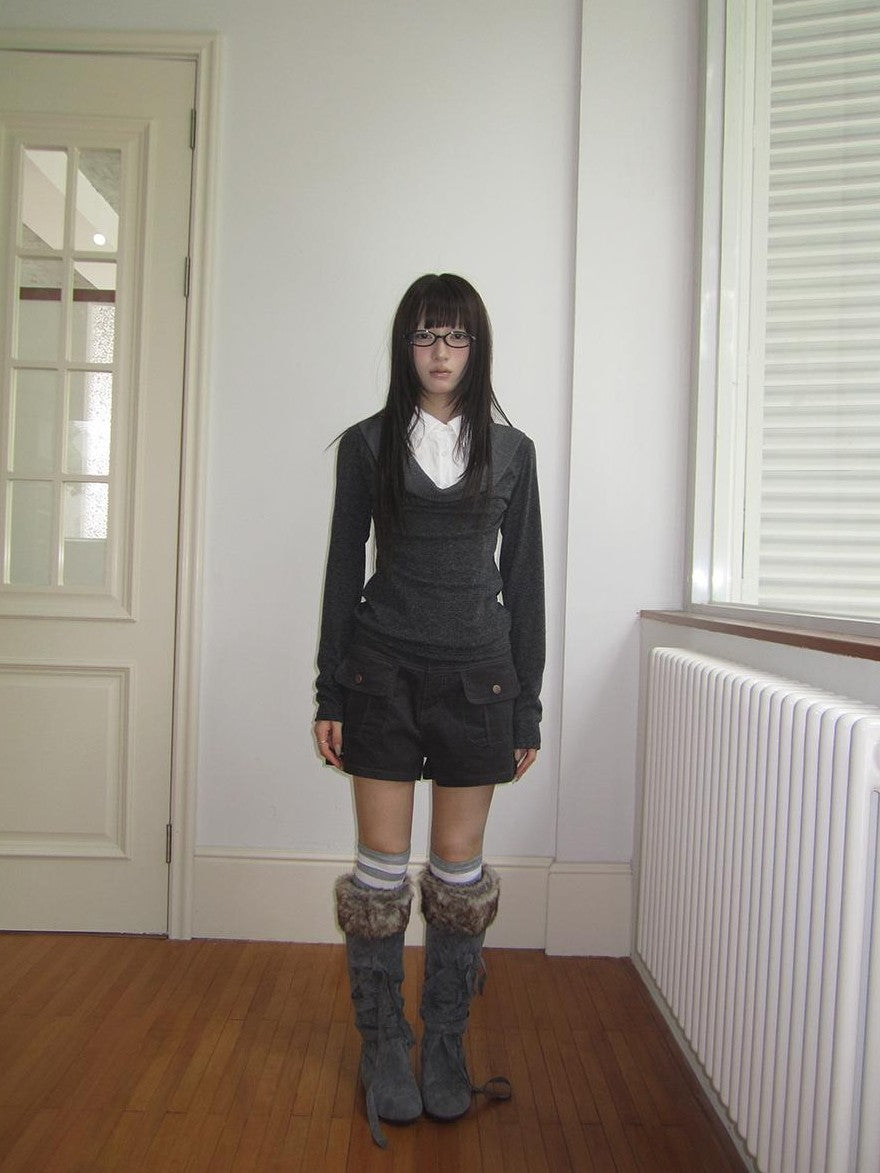 ang project Korean Faux Layered Draped Collar Button Long Sleeve Knit Women&