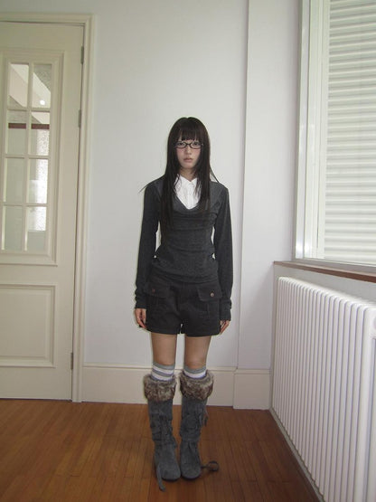 ang project Korean Faux Layered Draped Collar Button Long Sleeve Knit Women&