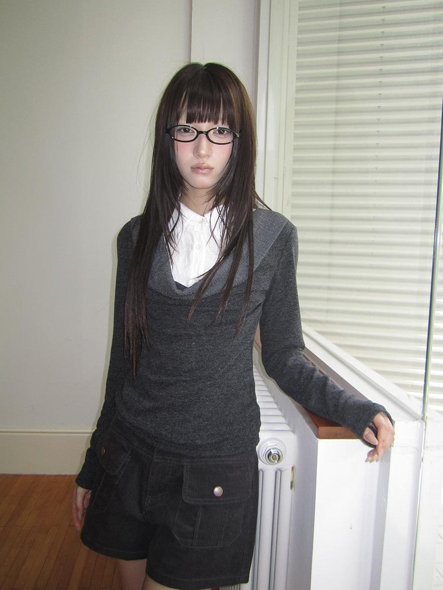 ang project Korean Faux Layered Draped Collar Button Long Sleeve Knit Women&