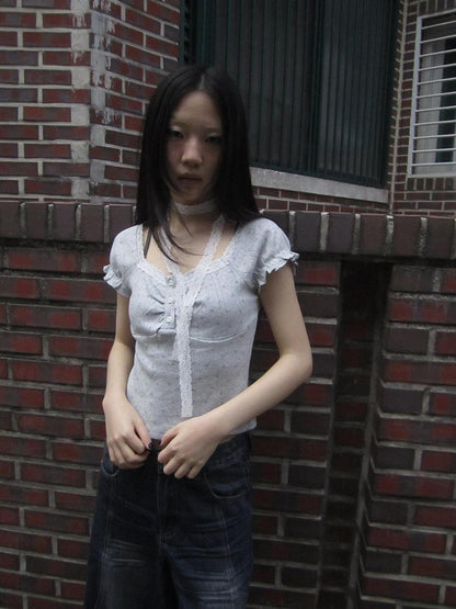 Updateang project Korean Floral Lace Trim Button Up Short Sleeve Tee