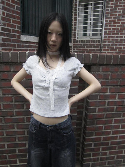 Updateang project Korean Floral Lace Trim Button Up Short Sleeve Tee