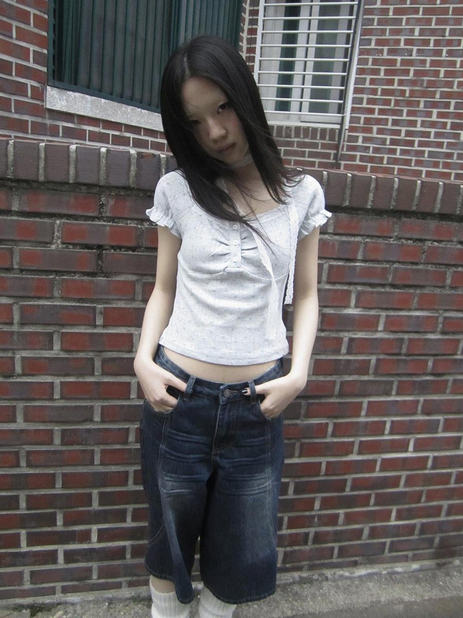Updateang project Korean Floral Lace Trim Button Up Short Sleeve Tee