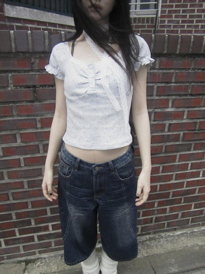 Updateang project Korean Floral Lace Trim Button Up Short Sleeve Tee