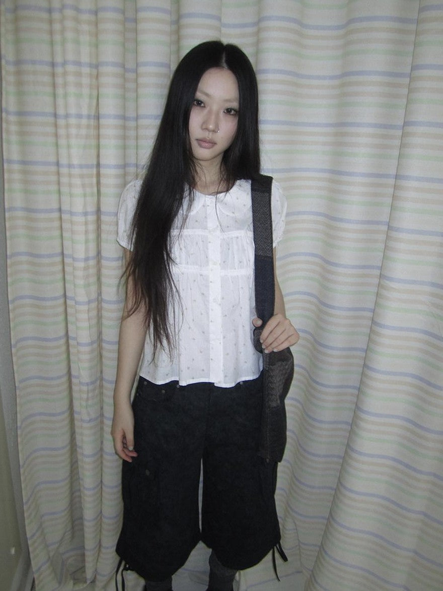 ang project Korean Floral Polka Dot Print Doll Collar Puff Sleeve Women&