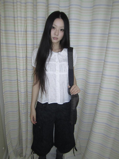 ang project Korean Floral Polka Dot Print Doll Collar Puff Sleeve Women&