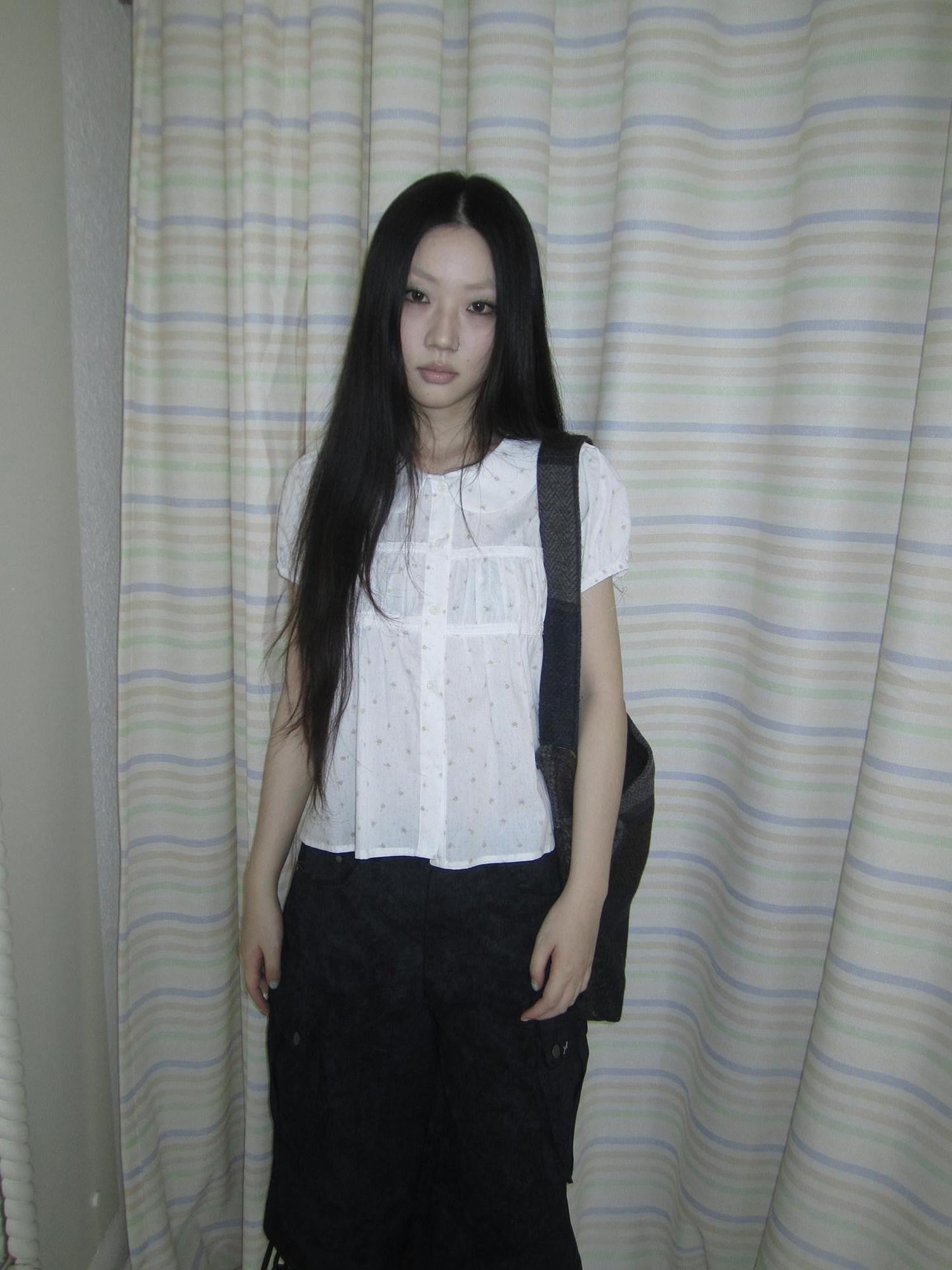 ang project Korean Floral Polka Dot Print Doll Collar Puff Sleeve Women&