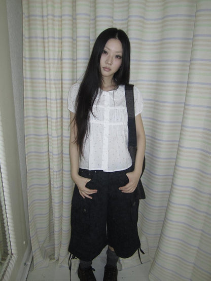 ang project Korean Floral Polka Dot Print Doll Collar Puff Sleeve Women&
